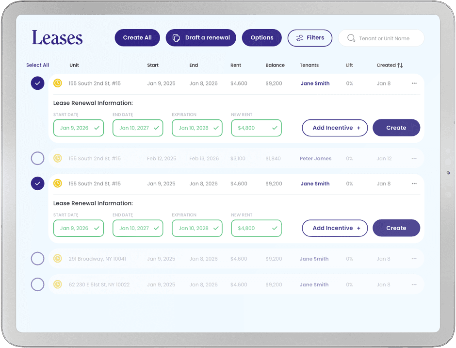 Rello bulk lease renewals, setting new rent, term dates and incentives for multiple NYC units